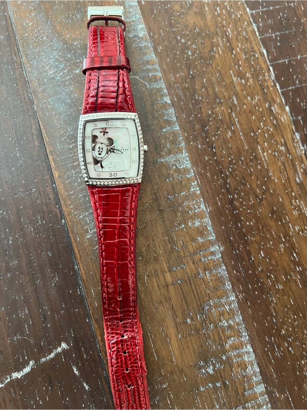 Skagen Women's Red Leather-Style Strap Watch with Crystal Bezel